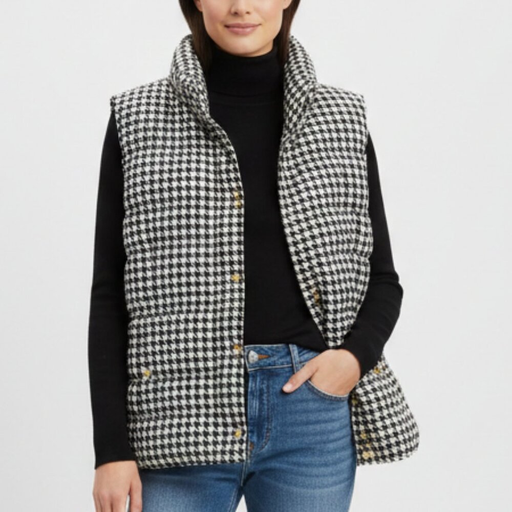 Charter Club Quilted Vest Houndstooth Puffer Sleeveless Black White XL